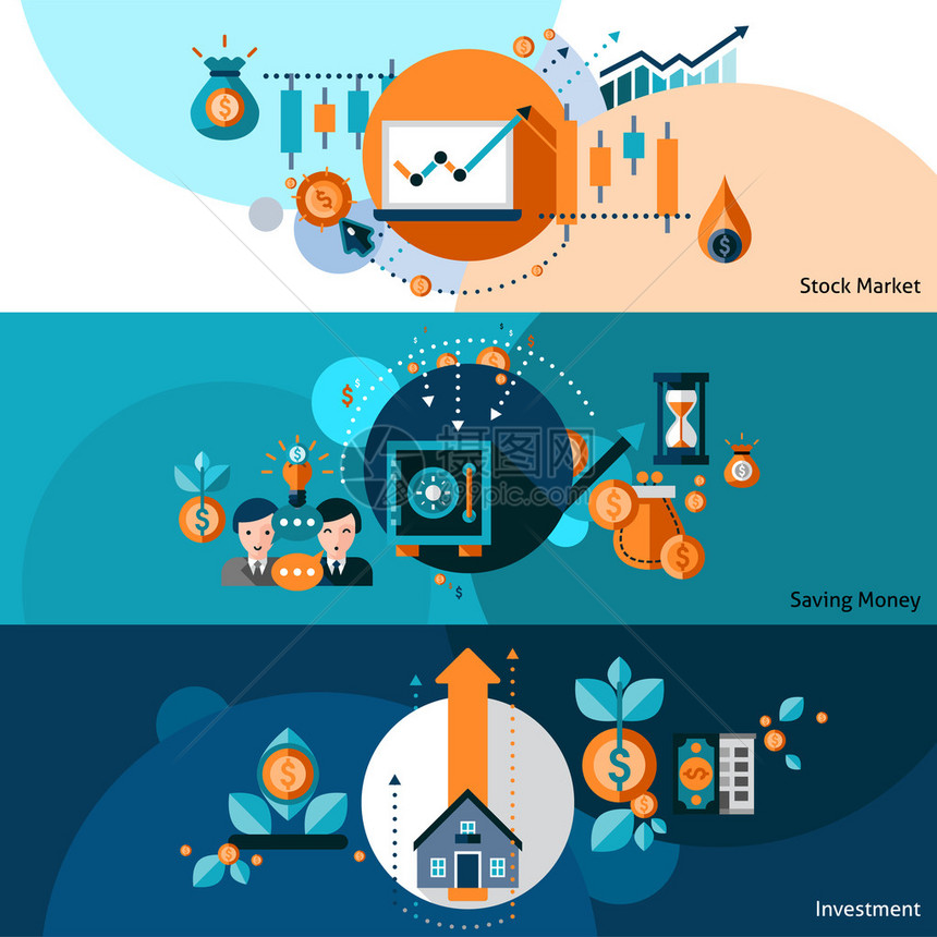 投资水平横幅设置与股票市场和省钱的平面元素图片