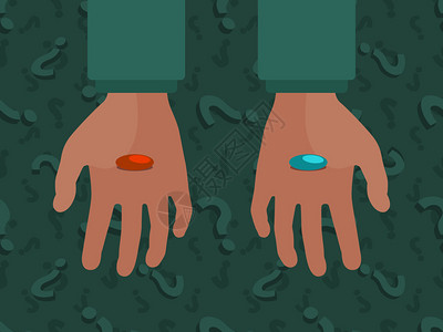 有问号背景的红色和蓝色药片的手适用于广告和图片
