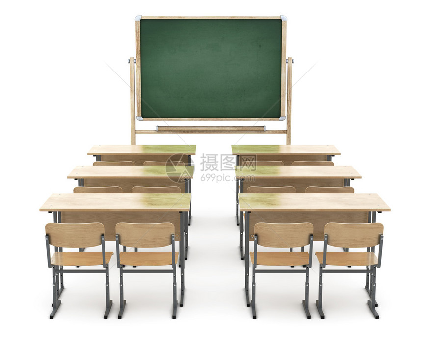 白色背景的学校董事会和课桌教室3d插图图片
