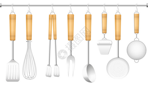 衣架上的工具铲子搅拌器钳子叉子勺子奶酪切片机撇渣器和筛子白色背景上的背景图片