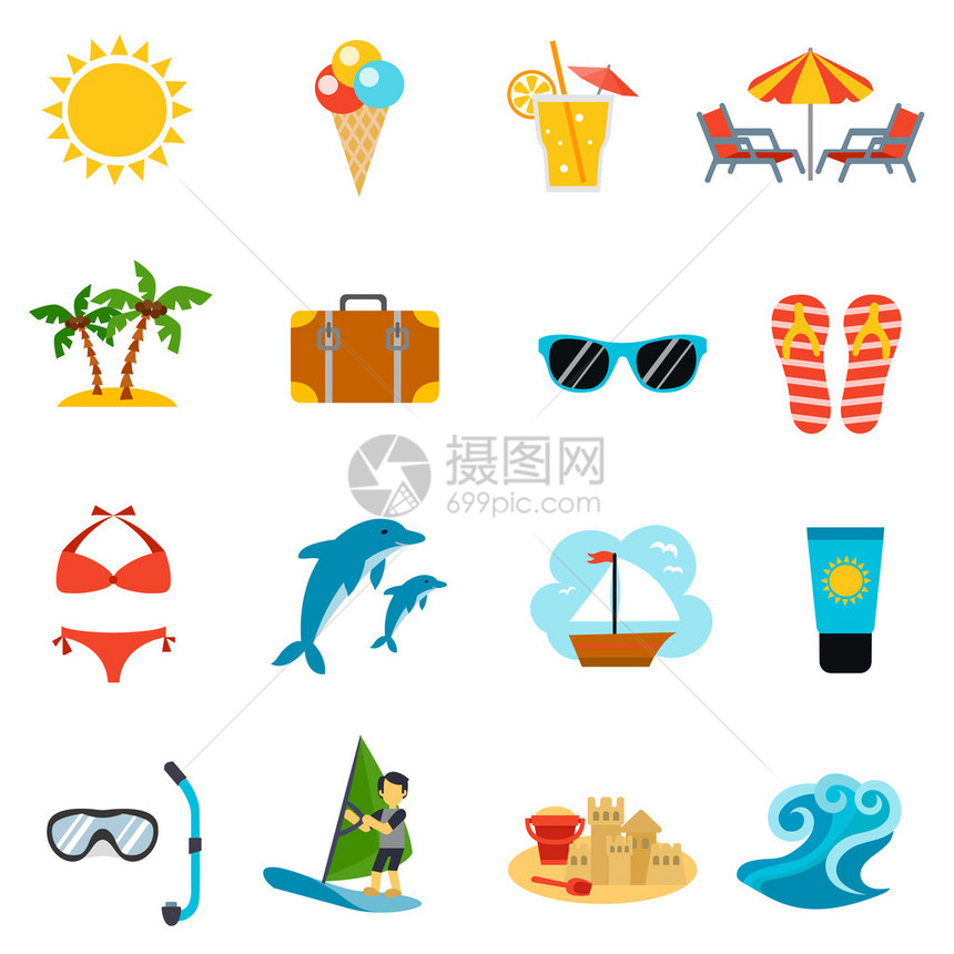 配有太阳眼镜手提箱和海滩平面孤立矢量插图的夏图片