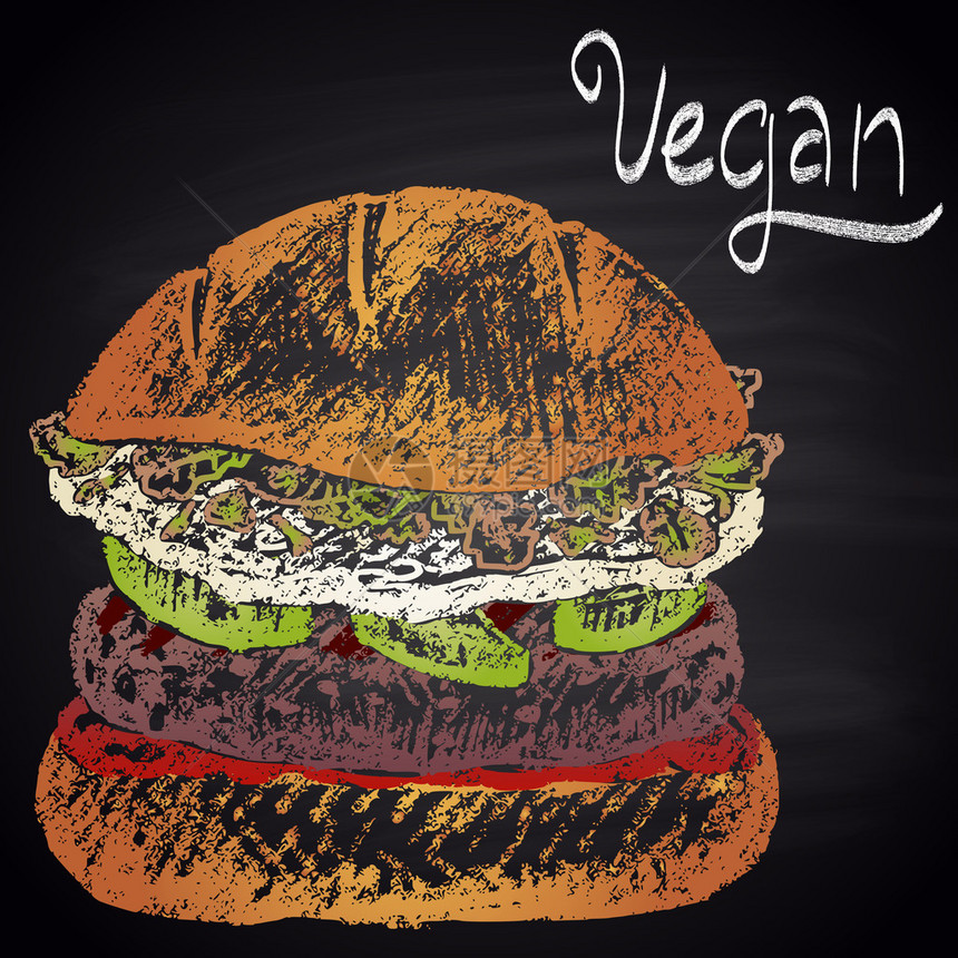 彩色粉笔绘制的素食阿伏卡多汉堡插图图片