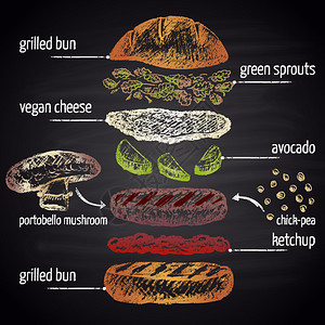 波多贝罗彩色粉笔绘制的素食阿vocado汉堡插图插画