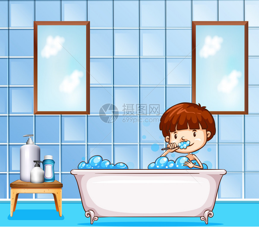 男孩坐在浴缸里浴室里充满了泡的图片