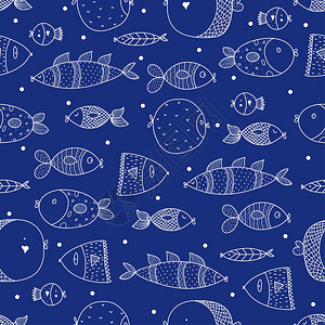 蓝色背景和可爱的鱼矢量无缝模式图片