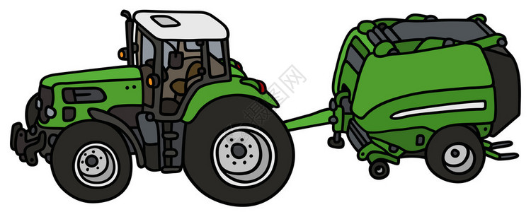 手画绿色拖拉机的绿色拖拉机和干草夹子不图片