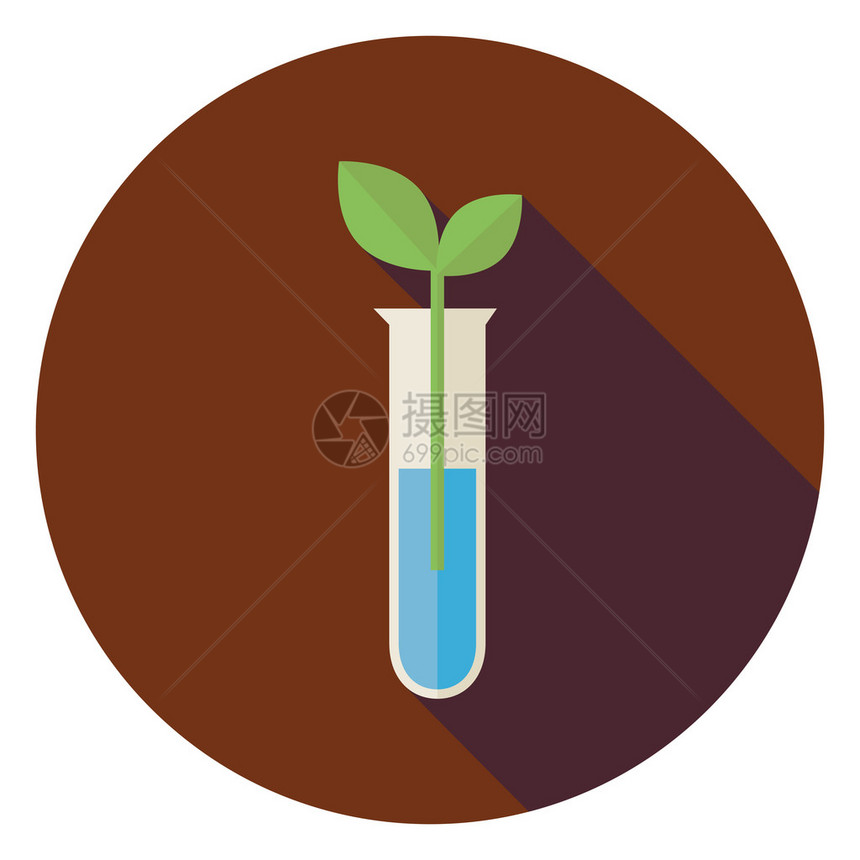 带有绿色植物圆圈图标和长阴影的平生物学烧瓶回到学校矢量图化学生物自然环境对象生物学对象图片