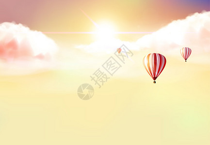 幻想矢量背景日落和热气球图片