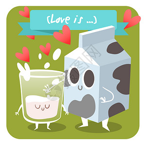 明信片情人节杯牛奶和一盒牛奶漫画食物插图与有趣的爱和心以牛奶为主题的图片