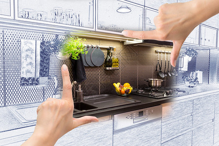女用手搭配定制厨房设计综图片