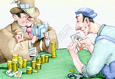 拥有许多扑克牌的银行家对一个只持有背景图片