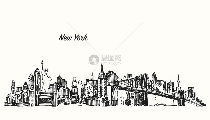 纽约市天际线矢量复古雕刻插图手绘素描图片
