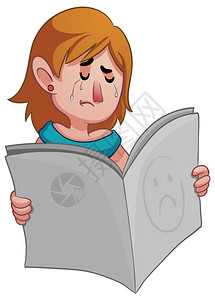 一位悲哀的卡通妇女拿着报纸的矢量插图只背景图片