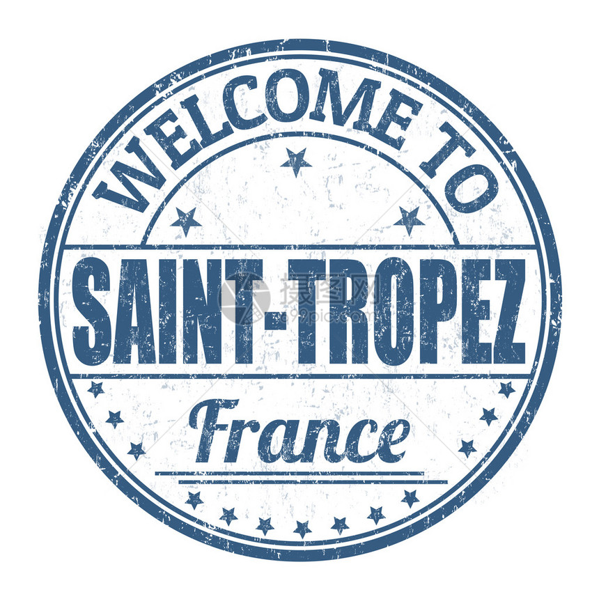 欢迎来到SaintTropezgrunge白色背景的橡胶邮图片