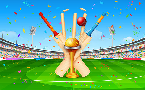 县戈尔韦板球体育场与球棒球和奖杯的插图插画