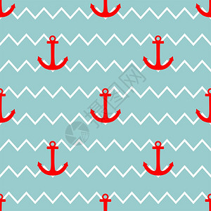 无缝装饰壁纸背景白和蓝色条纹红色锚的水手图片