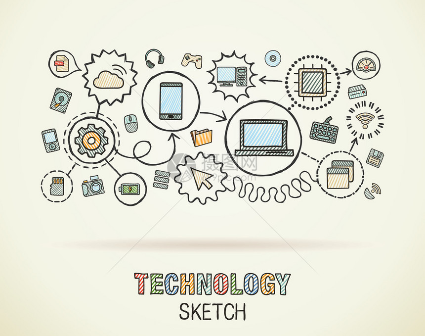 技术手绘综合素描图标矢量涂鸦交互式象形图集纸上连接的信息图表图片