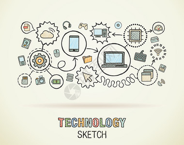 技术手绘综合素描图标矢量涂鸦交互式象形图集纸上连接的信息图表图片