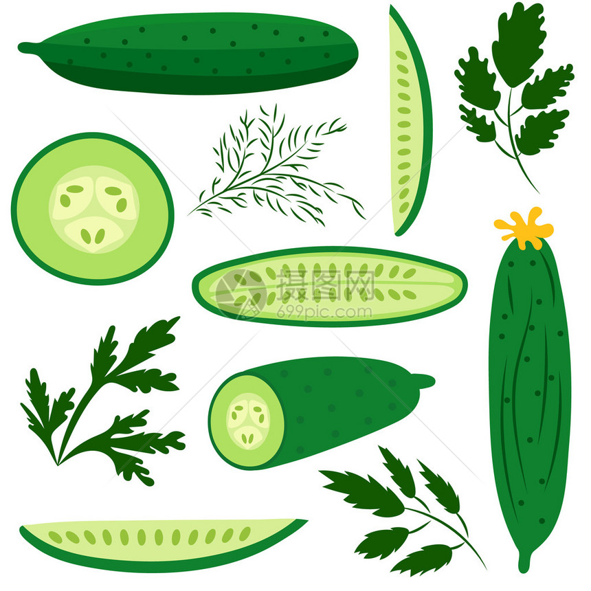 一套以扁平风格制作的成熟黄瓜非常适合设计健康的生活方式或饮食一根黄瓜图片