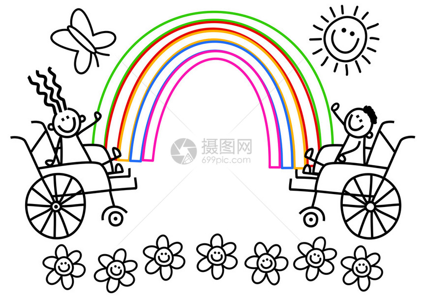 快乐的手杖残疾女孩和男孩坐在轮椅上图片