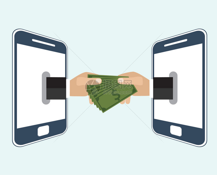 手给钱另一只手使用智能手机现金和近场通信技术网上银行的网上银行和移动支付款方式图片