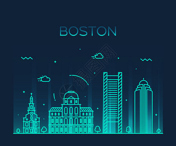 Boston详细描述silhouetteTrendy矢量说明线风格的波士顿天际背景图片