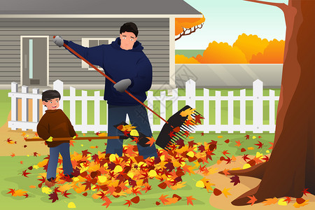 向量说明秋季时父亲和儿子在院子里脱落叶图片