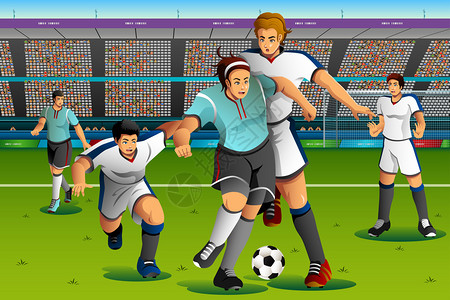 在体育比赛系列比赛中踢足球的人矢量图图片