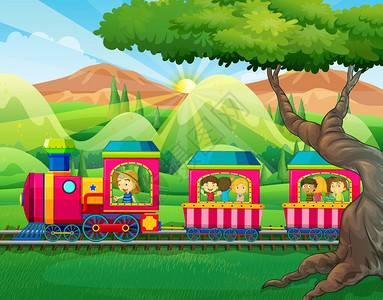 孩子们乘坐火车插画图片