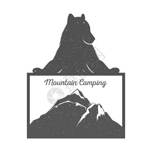 矢量图熊猎人与标志安装露营在白色背景上熊符号可用于T恤印刷徽章图片