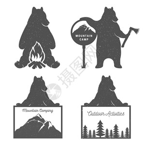 矢量集熊与标志营火和白色背景上的户外活动T恤印刷标签徽章贴纸图片