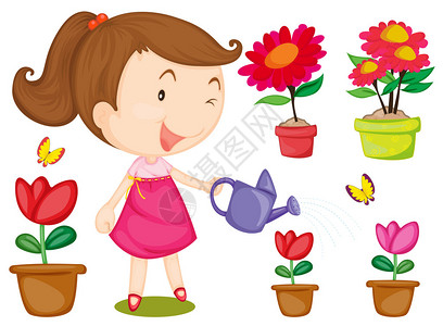 小女孩浇花插画背景图片