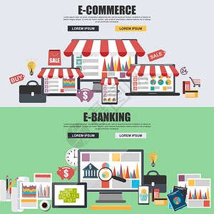 电子商务电子购物和电子银行的平面设计概念网页横幅和印图片