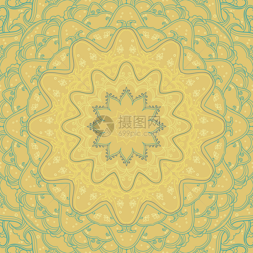 装饰圈背景与黄色背景上的许多细节方形的圆形轮廓装饰东方民族图案图片