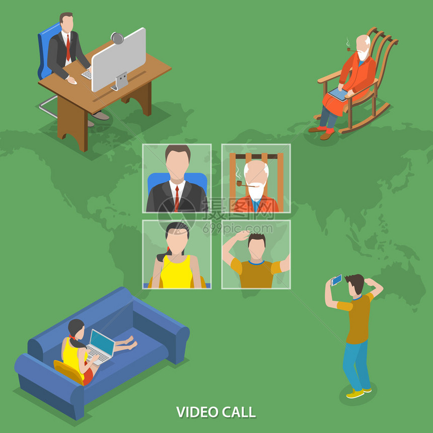 视频通话等距平面矢量概念世界各地的人们都在使用在线视频通话图片