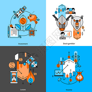 投资和金钱线图标设置与损失和收入平面图片