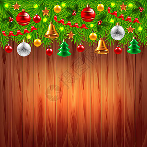 在木背景顶部的装饰的圣诞树分支图片