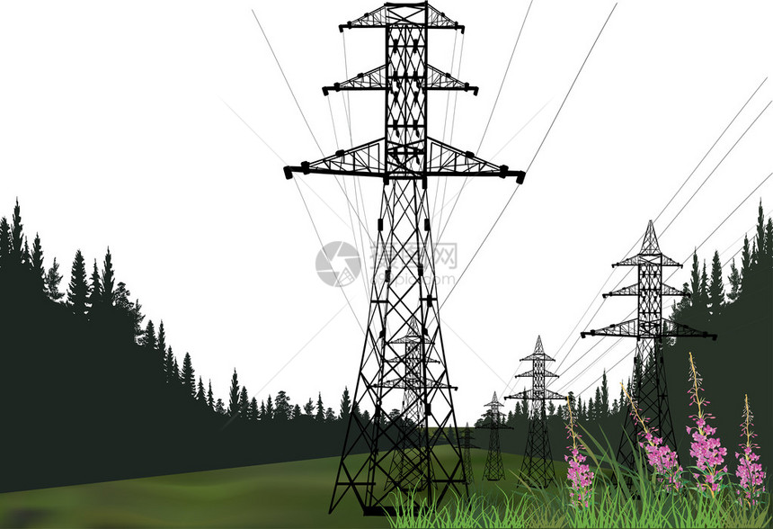 插图与森林中的电力塔图片
