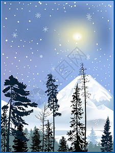 插图与冬季雪山中的森林图片