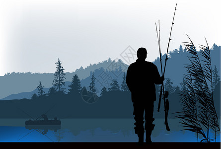 插图与早上的渔夫剪影背景图片