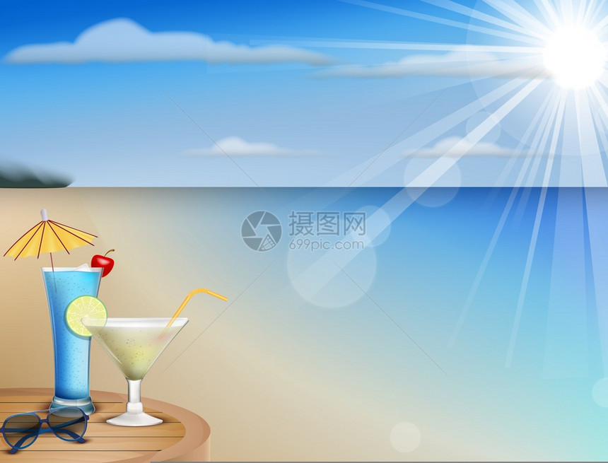 夏季海滩果汁和太阳镜的插图图片