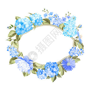 带蓝色花环的邀请卡花环与盛开的绣球花和的地方蓝色图片