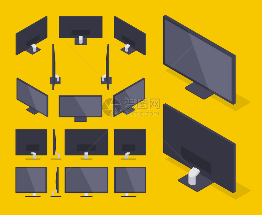 一组等度DHD显示器对象在黄色背景下被孤立图片