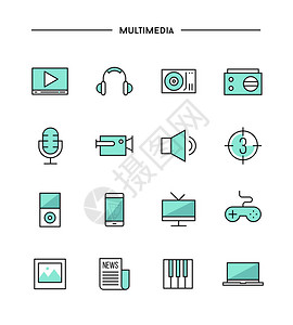 一组细线平面多媒体图标矢量图图片