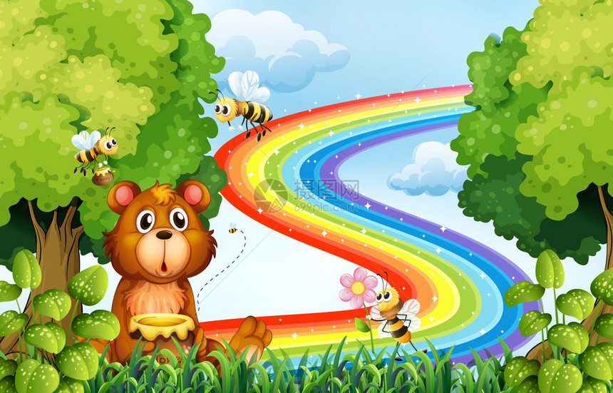 公园里的动物与彩虹背景插图图片