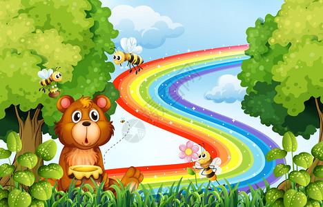 大灰熊公园里的动物与彩虹背景插图插画