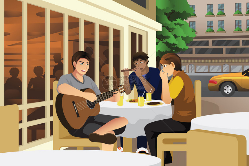 青年男子在咖啡馆一起演奏图片