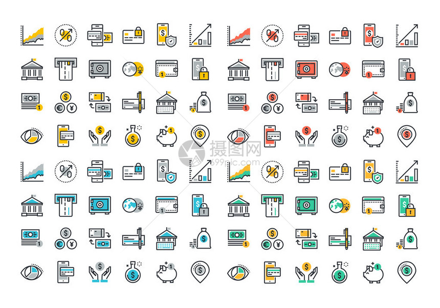 平线彩色图标收集在线支付移动银行储蓄和金融工具银行服务财务管理项目商业会计互图片