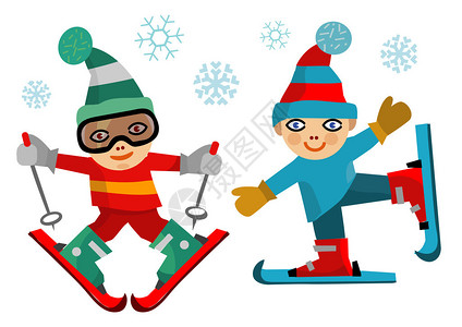 两个滑雪儿童白色背景的卡通图片