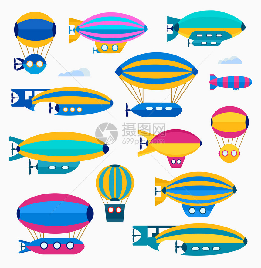 一套五颜六色的可爱气球气球和飞艇一组飞艇和航空资产的图片